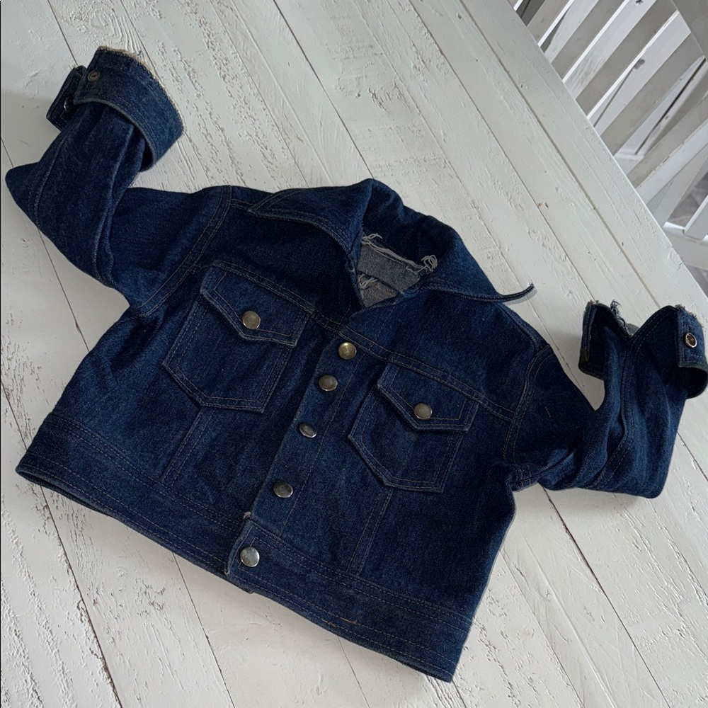Vintage Classic Kids Dark Blue Denim Jacket pockets, snaps gender neutral🕰️